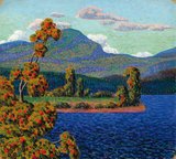 A landscape with a tree with red leaves or fruit in the foreground with a green mountain in the background and a lake in the middle