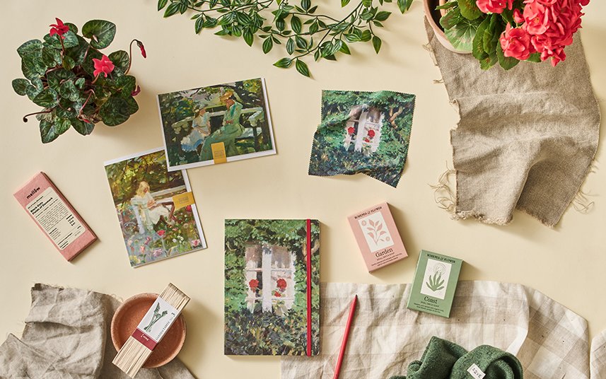 A flat lay of cards, books and plants