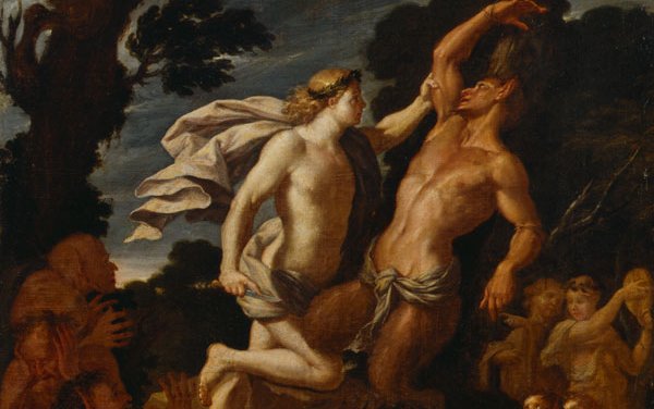 Mythological scene showing the god Apollo holding a knife about to kill the satyr Marsyas surrounded by horrified satyrs and other mythological creatures.