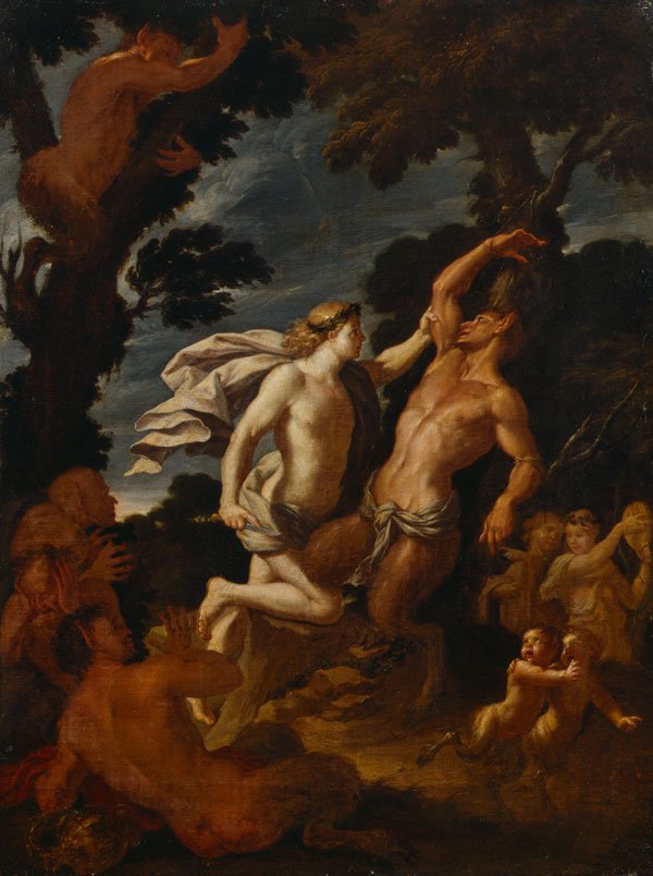 Mythological scene showing the god Apollo holding a knife about to kill the satyr Marsyas surrounded by horrified satyrs and other mythological creatures.
