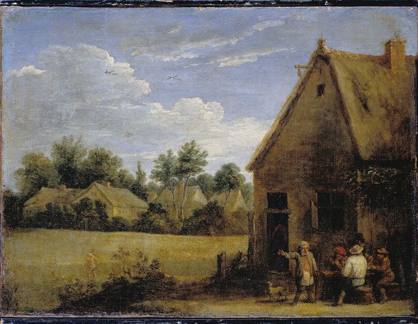 A group of men drink at a bench next to a rustic cottage. Left of painting is dominated by a large wheat field with houses behind and a large blue cloudy sky.