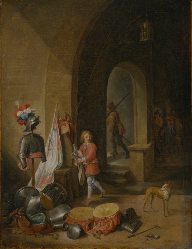 Interior of a guard room with armour and weapons strewn around and a young boy and dog exploring