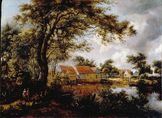 Landscape with a watermill and houses on a pond with trees around.