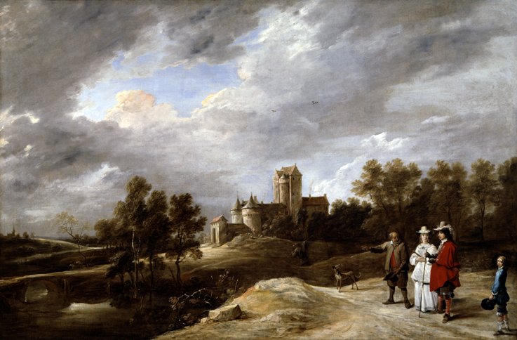 Landscape dominated by a large castle with in the foreground a group of 4 figures looking at it.
