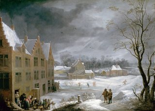 A winter scene with a row of houses next to a frozen pond with people skating. At the houses a group of people slaughter a pig.