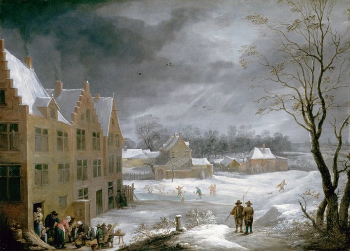 A winter scene with a row of houses next to a frozen pond with people skating. At the houses a group of people slaughter a pig.