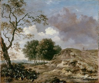 Landscape scene with a hilly dirt road and some trees to the left.