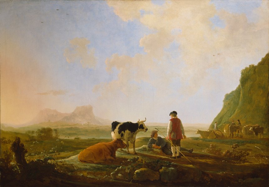 Landscape of fields and woods with mountains at the background and in the forefront a group of cows and a man.
