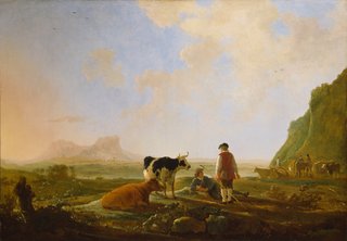 Landscape of fields and woods with mountains at the background and in the forefront a group of cows and a man.