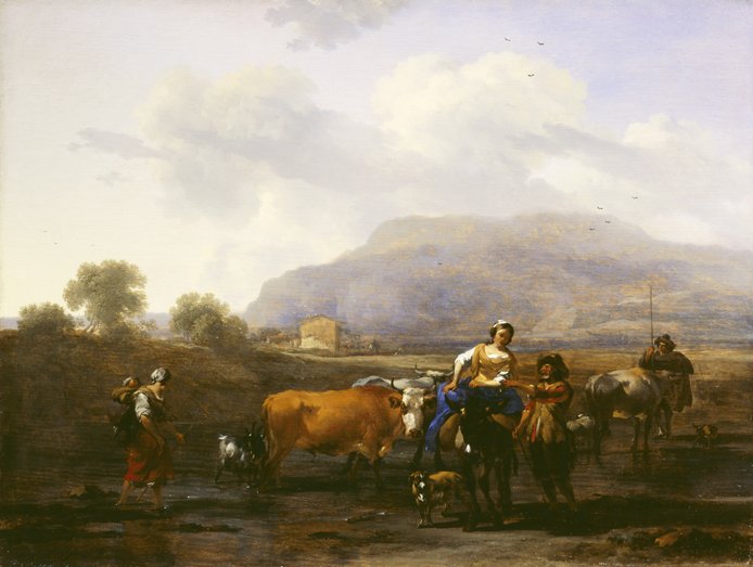 People herding cows in a rural landscape