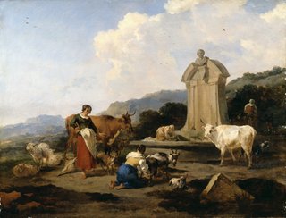 People cows and goats around a fountain in a rural landscape