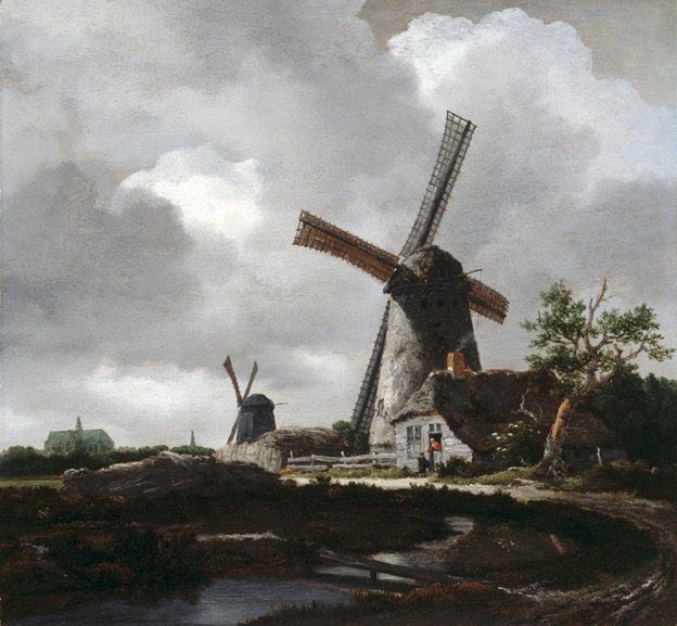 A landscape painting of two windmills next to a road with a large church in the distance.
