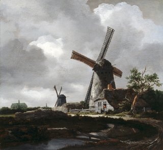 A landscape painting of two windmills next to a road with a large church in the distance.
