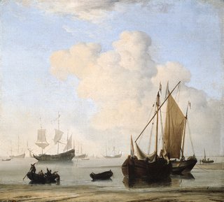 Seascape of a beach with two small sailing ships near shore and a rowing boat with people inside to left. In the background you can see large ships.