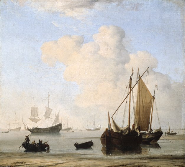 Seascape of a beach with two small sailing ships near shore and a rowing boat with people inside to left. In the background you can see large ships.