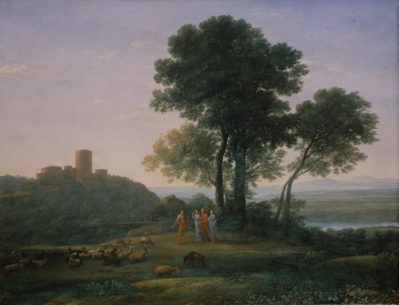 Landscape scene with a group stood next to a clump of tall tress. In the background left is a castle with a tall tower and to the right you can just make out a lake.