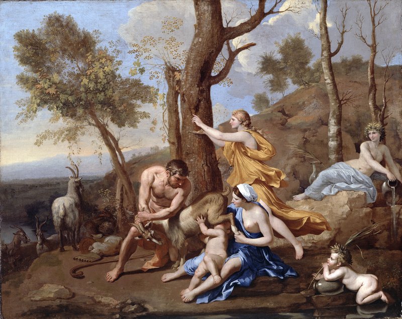Landscape with a group caring for a baby which is being fed the milk from a goat