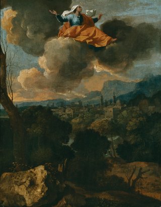 A landscape of fields and trees with a town in the background backed by mountains and above in the clouds a woman sits wearing an around and blue dress with a white head veil