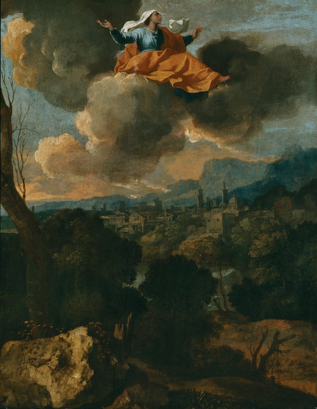 A landscape of fields and trees with a town in the background backed by mountains and above in the clouds a woman sits wearing an around and blue dress with a white head veil