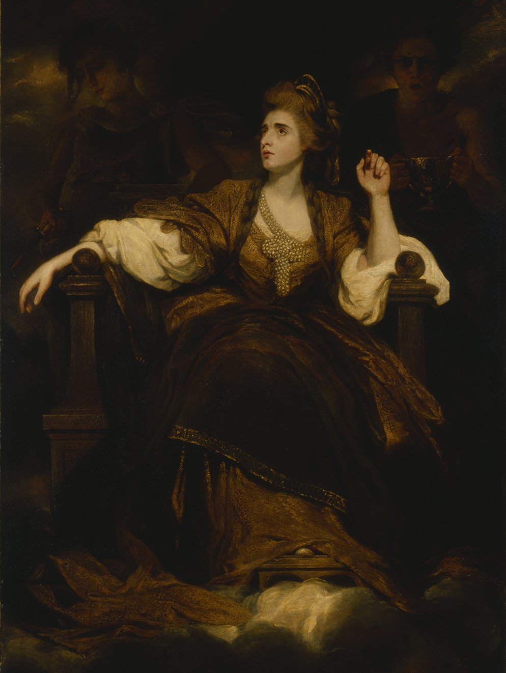 Portrait of a woman in a dark brown dress sat in a grand chair with a figure hovering over each shoulder.