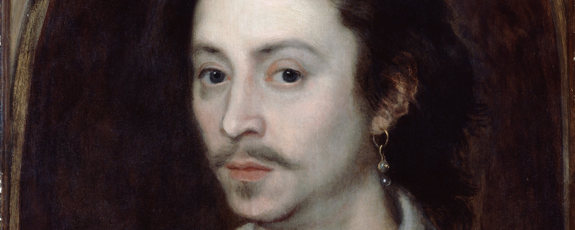 Portrait of a man in a white shirt with long dark hair, moustache and a pearl earring in his left ear.