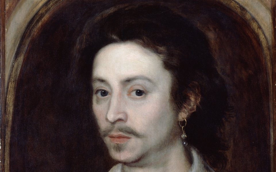 Portrait of a man in a white shirt with long dark hair, moustache and a pearl earring in his left ear.