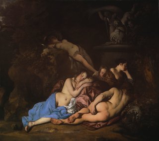 Sleeping nude female nymphs surround an ornate stone fountain.