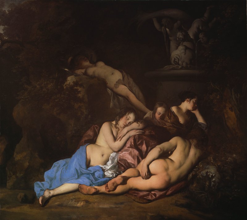 Sleeping nude female nymphs surround an ornate stone fountain.