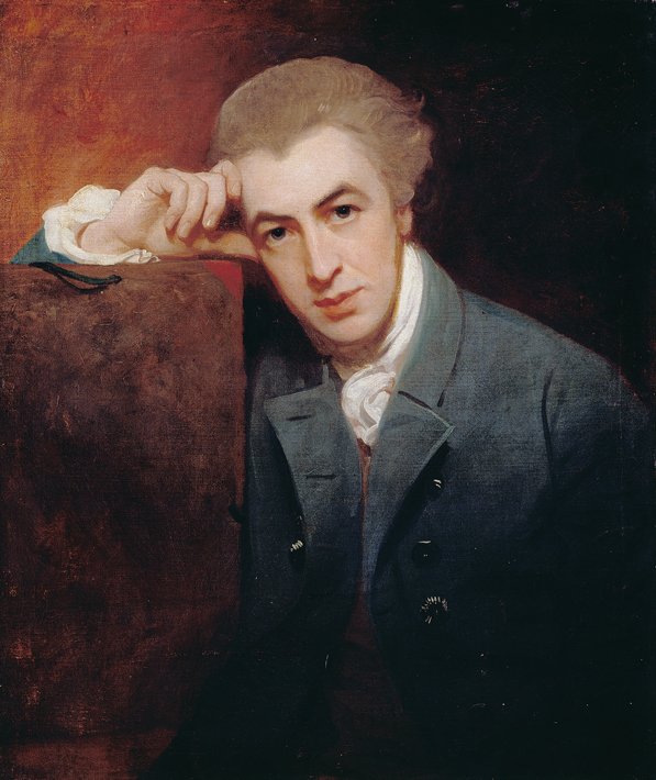 Portrait of a man in a grey wig wearing a blue jacket and leaning on a large book.