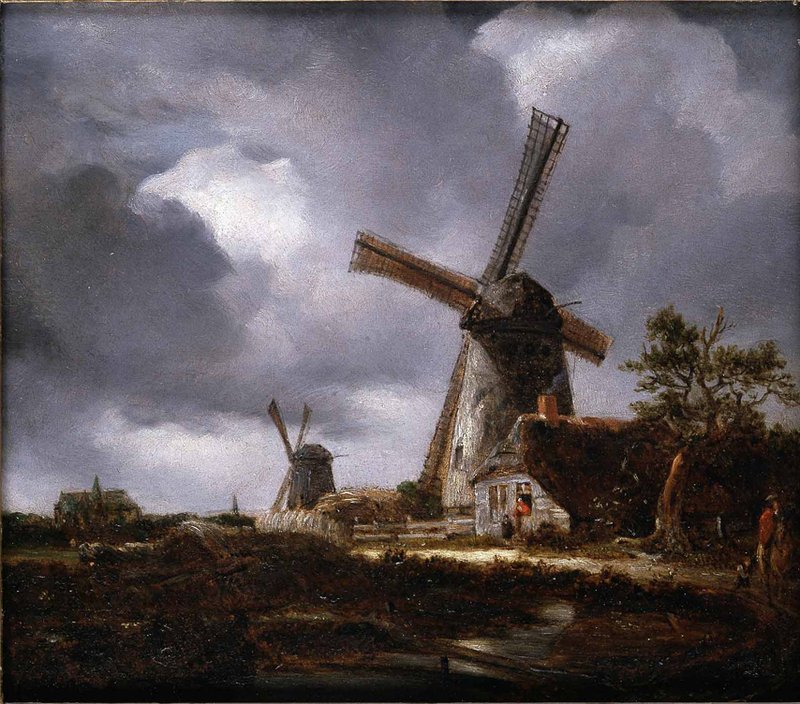 A landscape painting of two windmills next to a road with a large church in the distance.