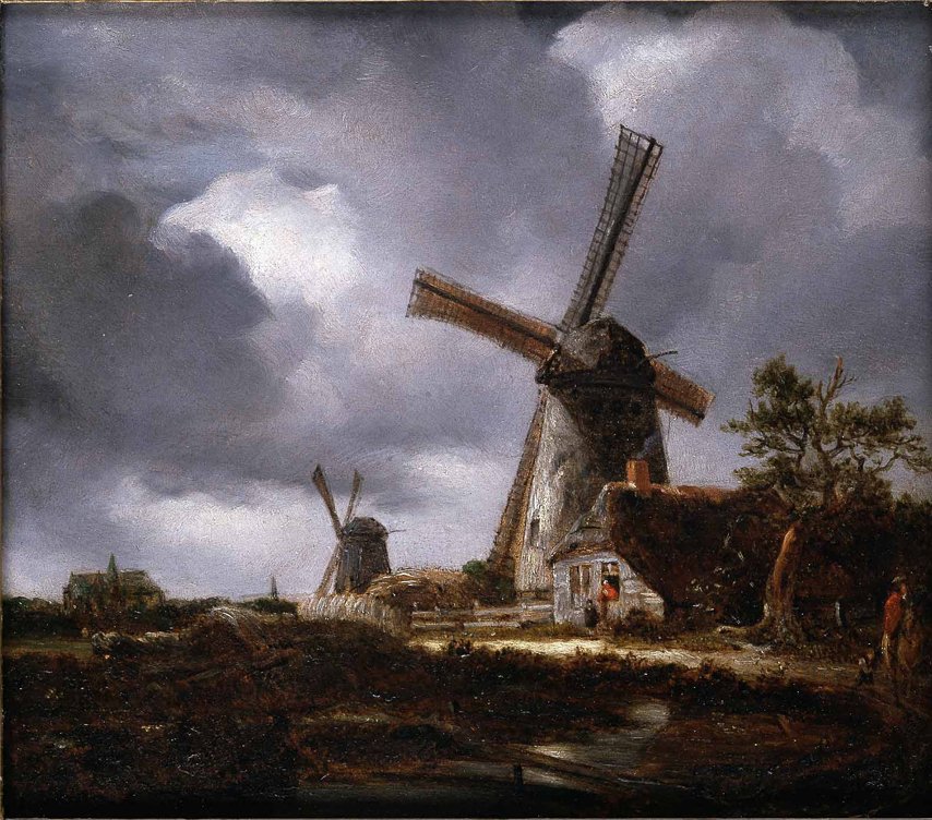 A landscape painting of two windmills next to a road with a large church in the distance.