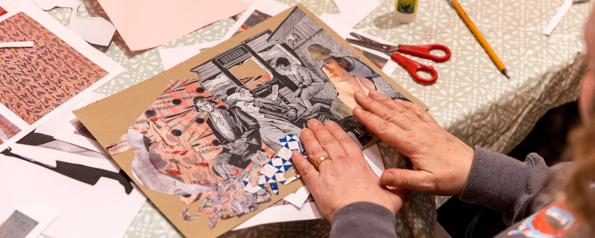 A table setup for a collage workshop