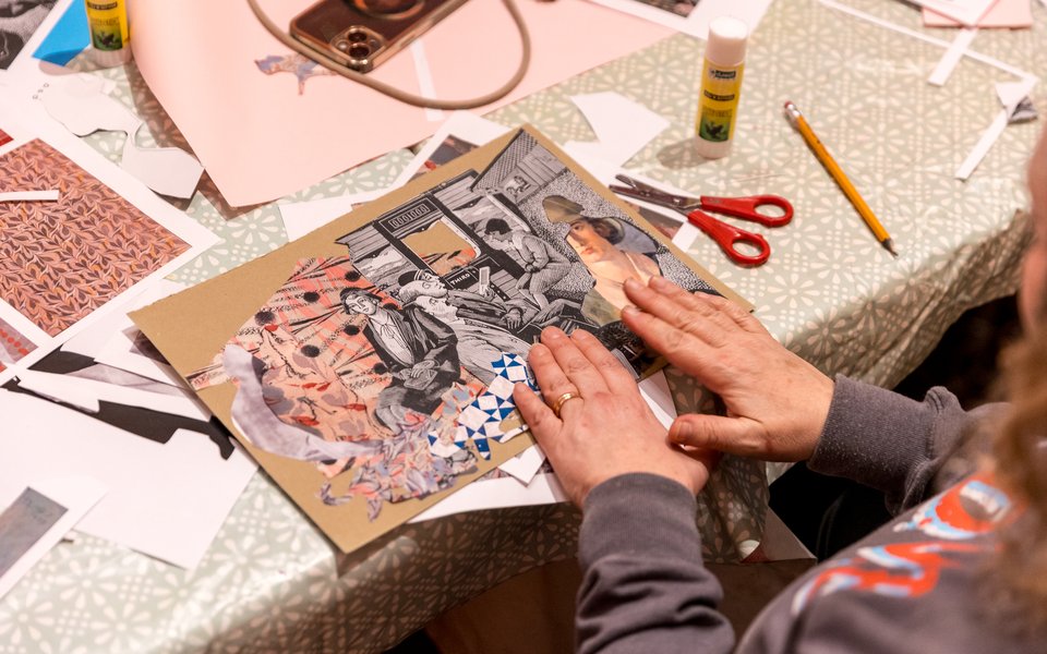 A table setup for a collage workshop