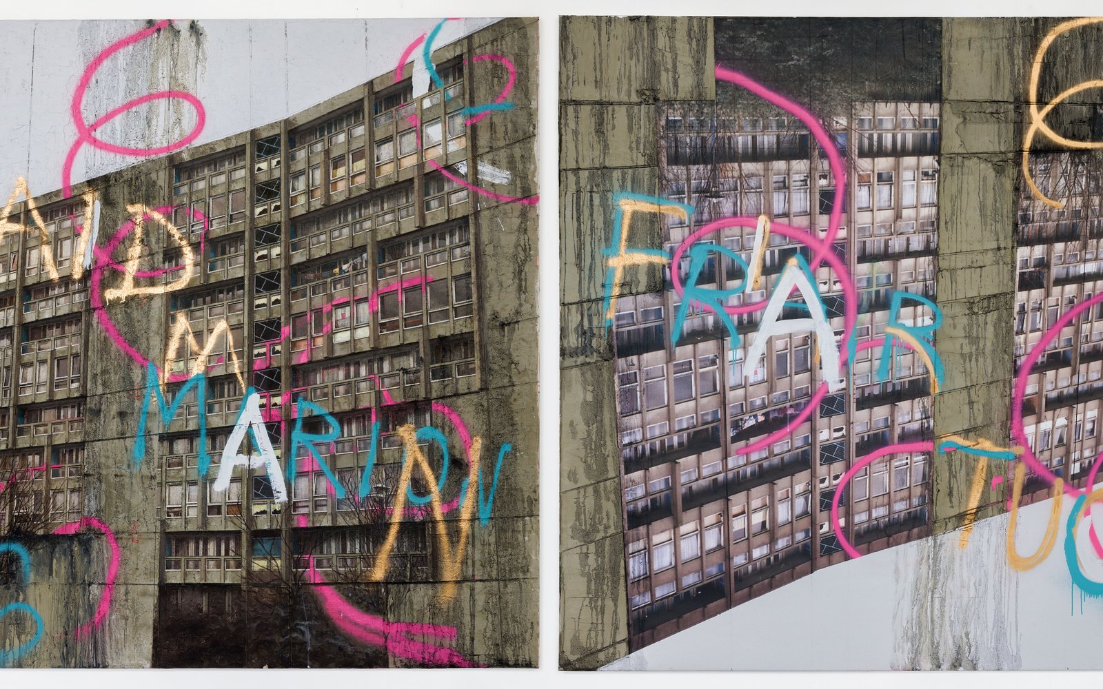 David Hepher, Robin Hood, 2025, Acrylic, spray paint and concrete on canvas, 225.5 x 451 cm, © David Hepher, courtesy of Flowers Gallery