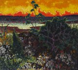 An abstract landscape with a fiery orange sky