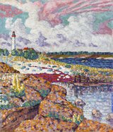 A lighthouse on a rocky shore with a pink sunset behind.