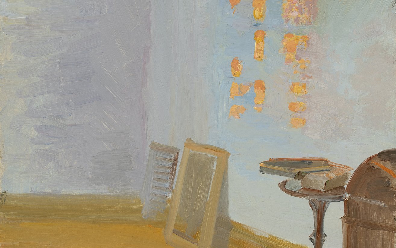 Painting of an empty room with a wooden stool and sunlight coming through a window.