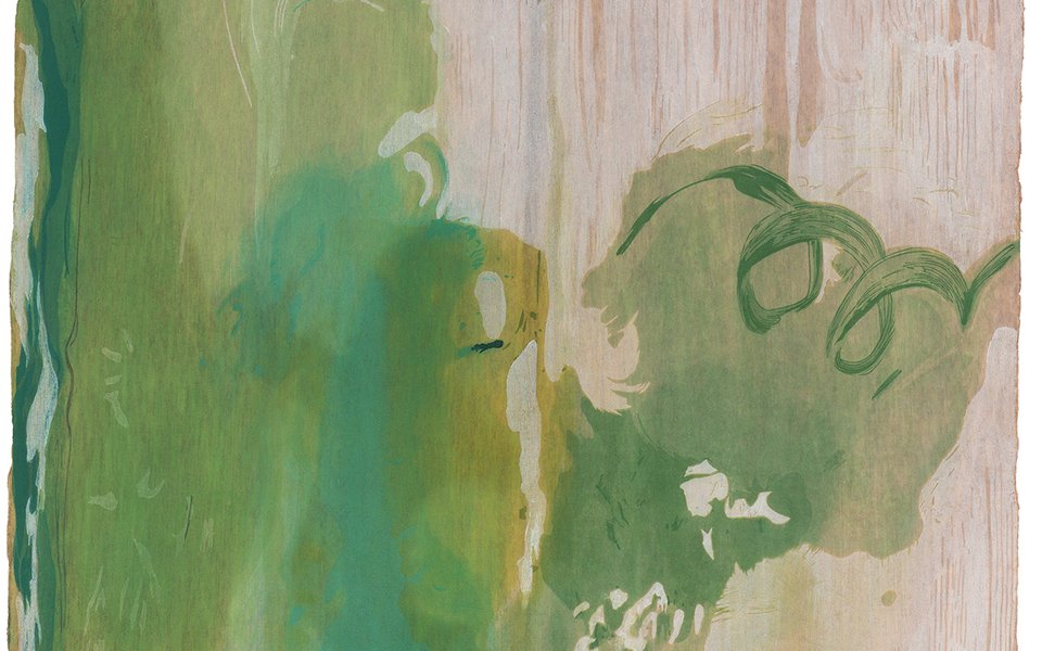 Abstract painting with reds greens and oranges