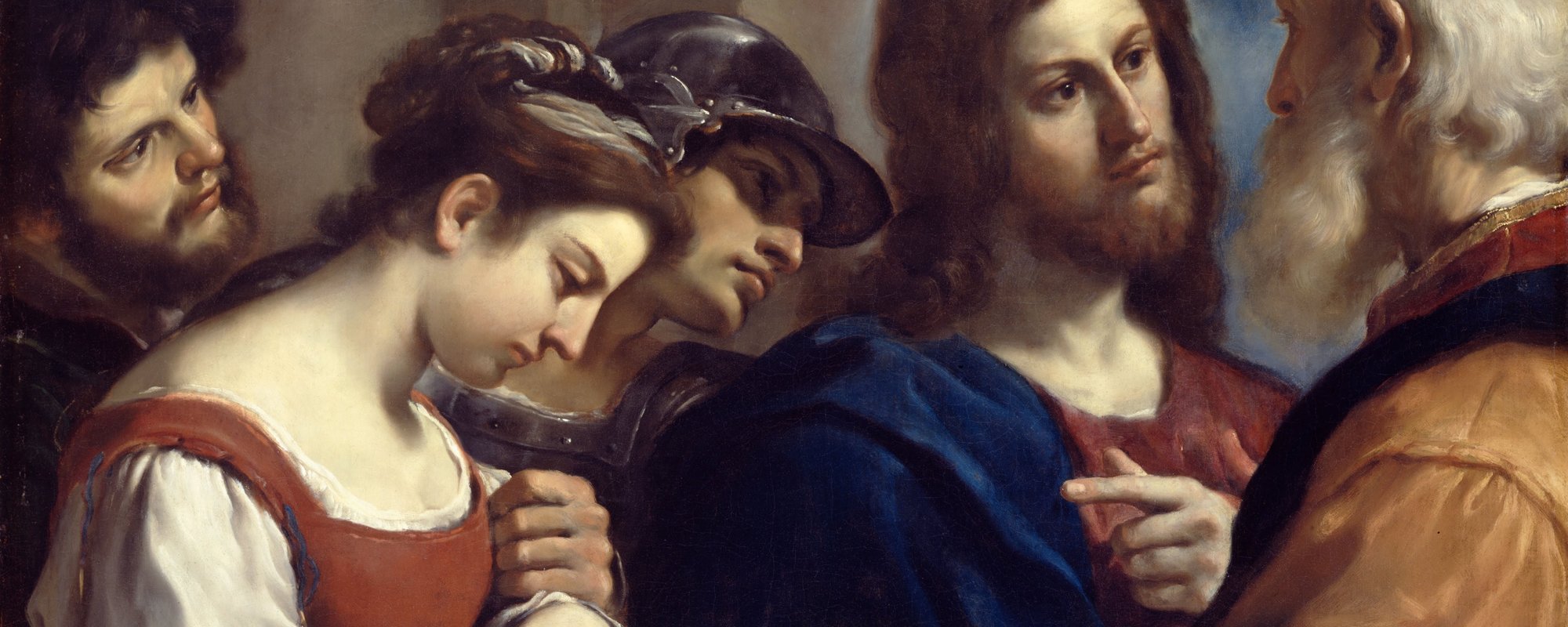 Christ in centre of the work identified by halo of light around his head speaks to a bald bearded man far right who points to a dejected woman held by two men to Christ's right.