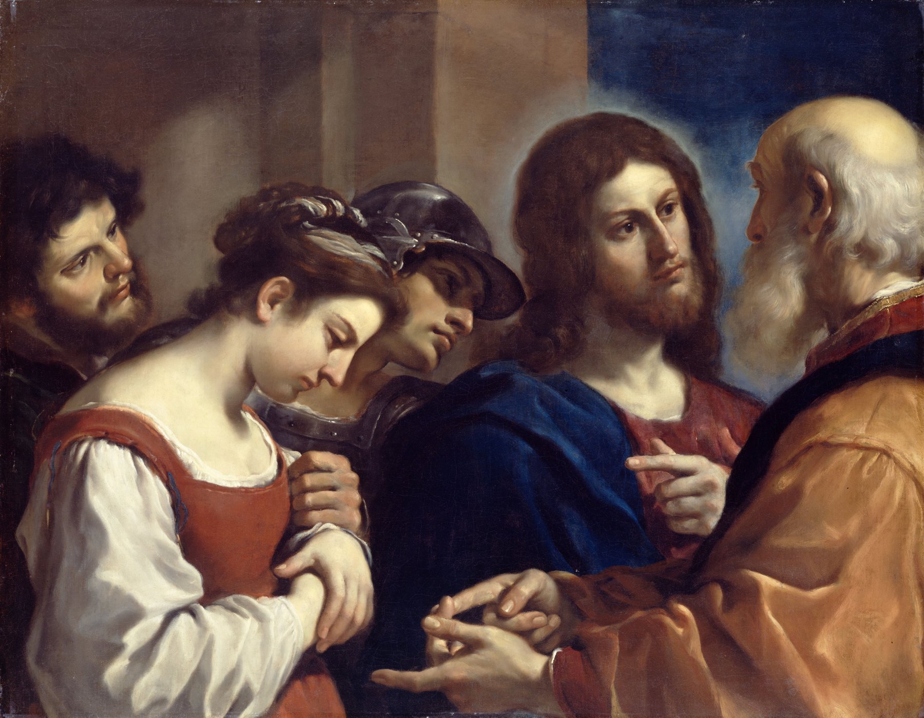 Christ in centre of the work identified by halo of light around his head speaks to a bald bearded man far right who points to a dejected woman held by two men to Christ's right.