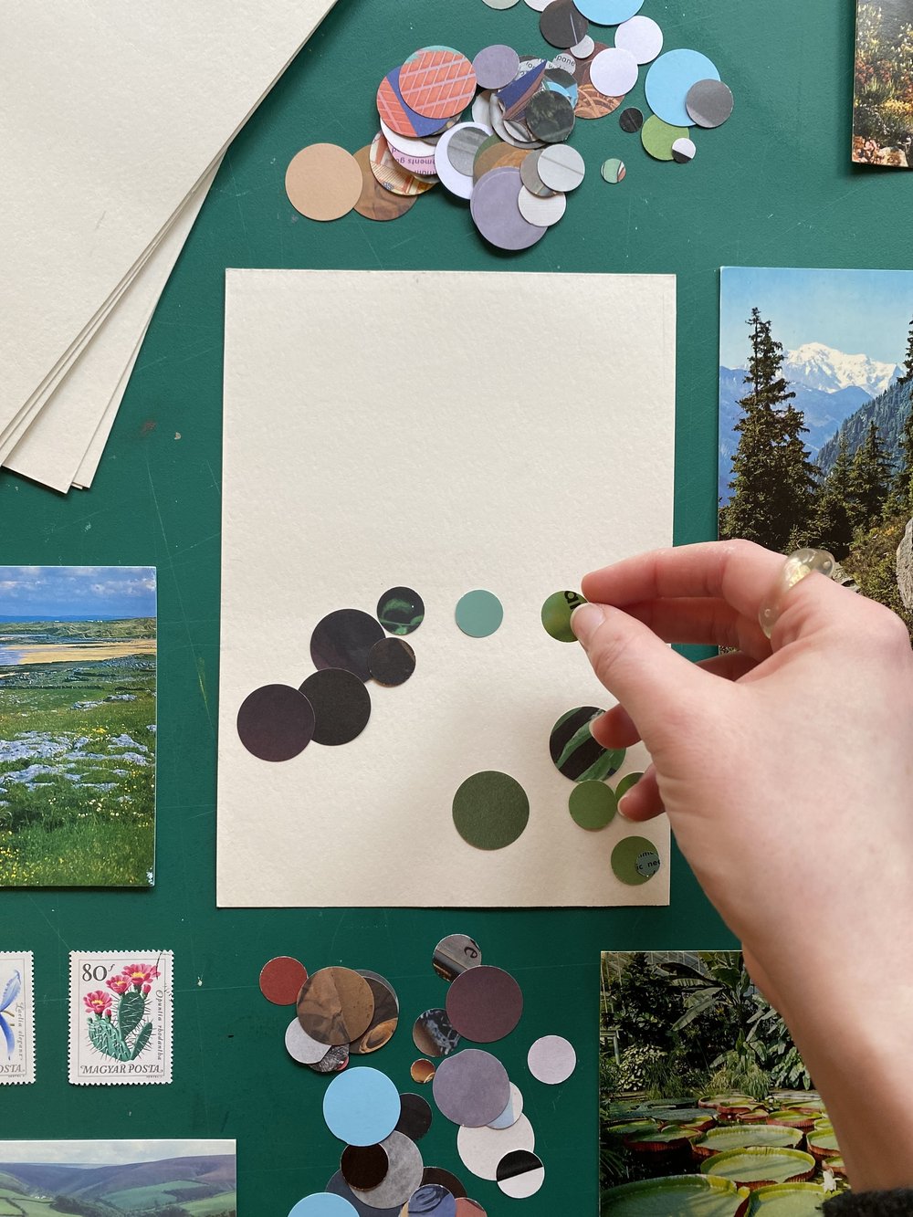 A piece of paper scattered with small circles of different colour paper