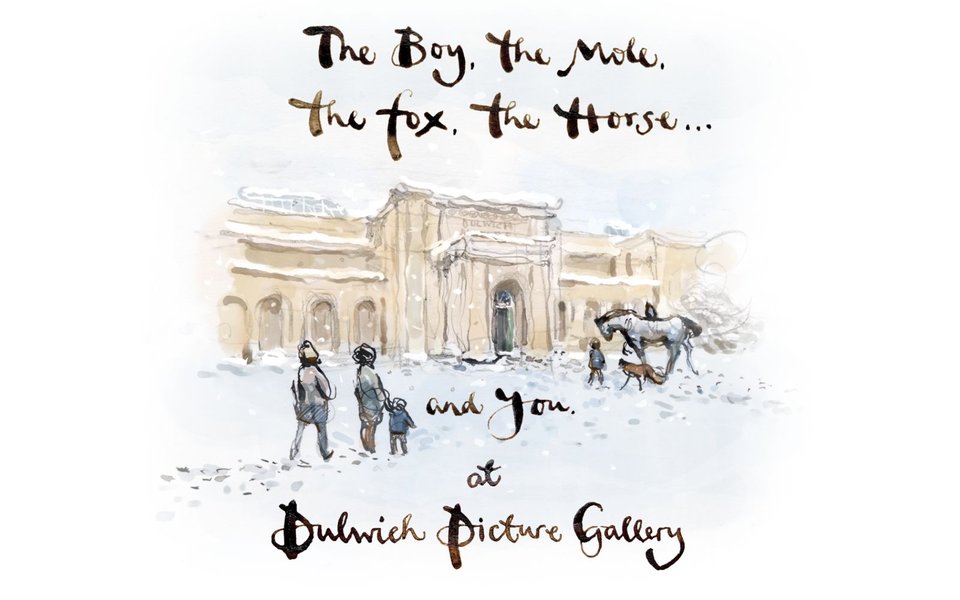 A sketch of Dulwich Picture Gallery with a boy, a fox and a horse in front