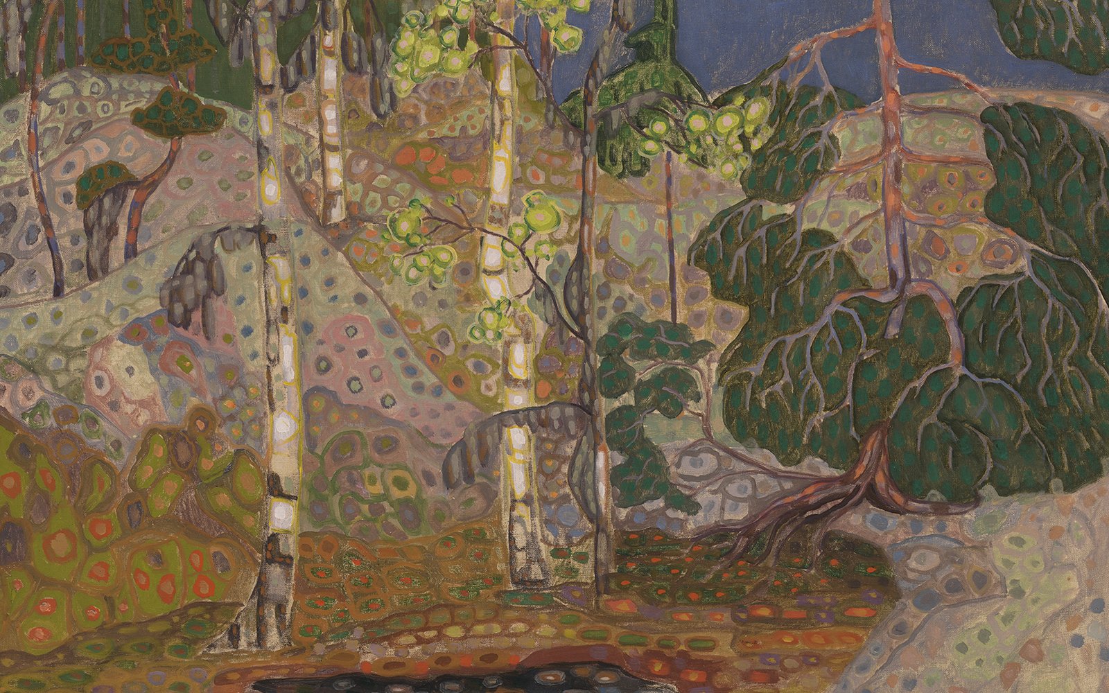 A stylized woodland scene in pastel colours.