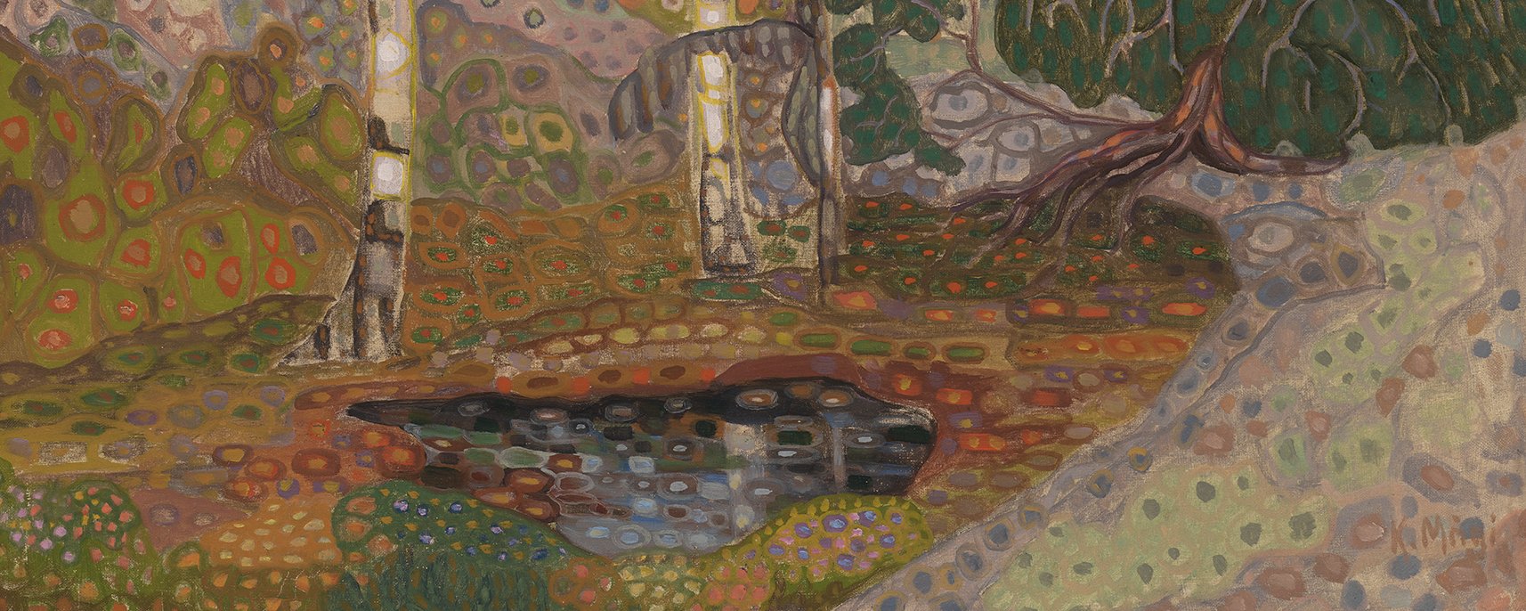 A stylized woodland scene in pastel colours.