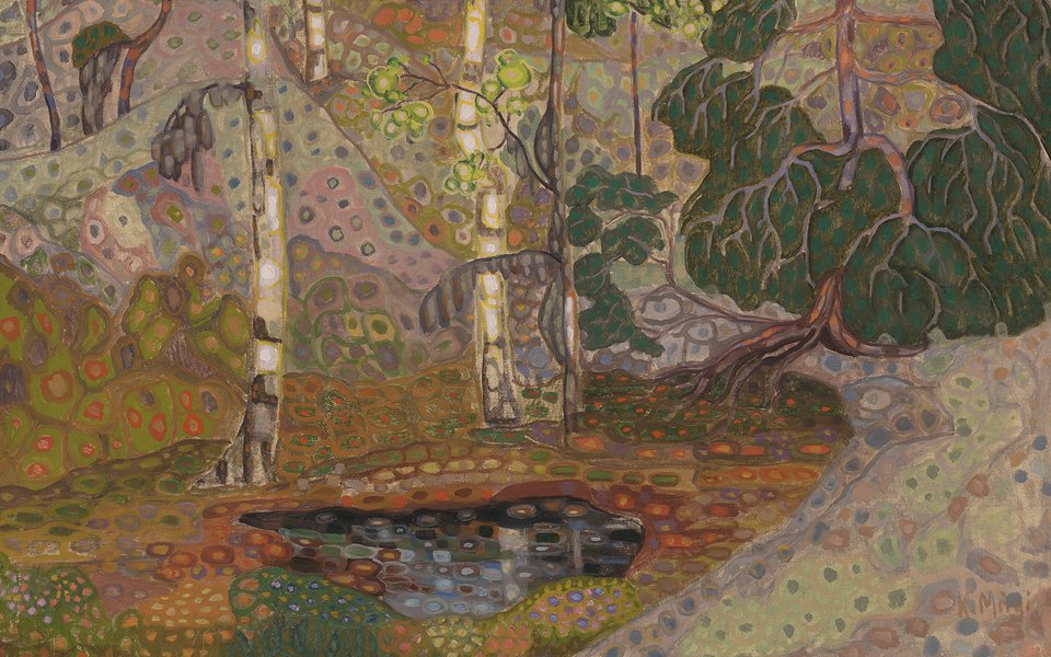 A stylized woodland scene in pastel colours.