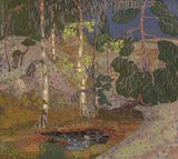 A stylized woodland scene in pastel colours.