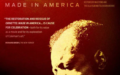 A man playing a saxophone on a film poster