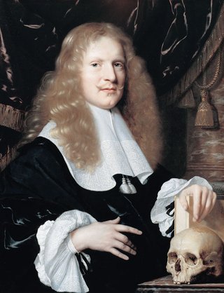 Portrait of a man with long curly blond hair in a white lace rough and sleeves with a deep black doublet over it. He has his left hand on a book next to a human skull.