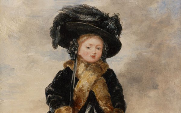Portrait of a young Queen Victoria wearing an elaborate outfit of a large rimmed black hat with black feather and a brown fur lined coat and black skirt.