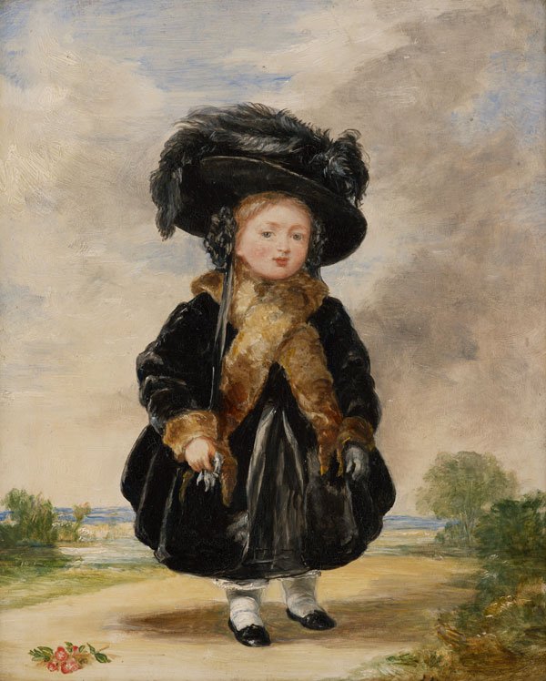 Portrait of a young Queen Victoria wearing an elaborate outfit of a large rimmed black hat with black feather and a brown fur lined coat and black skirt.